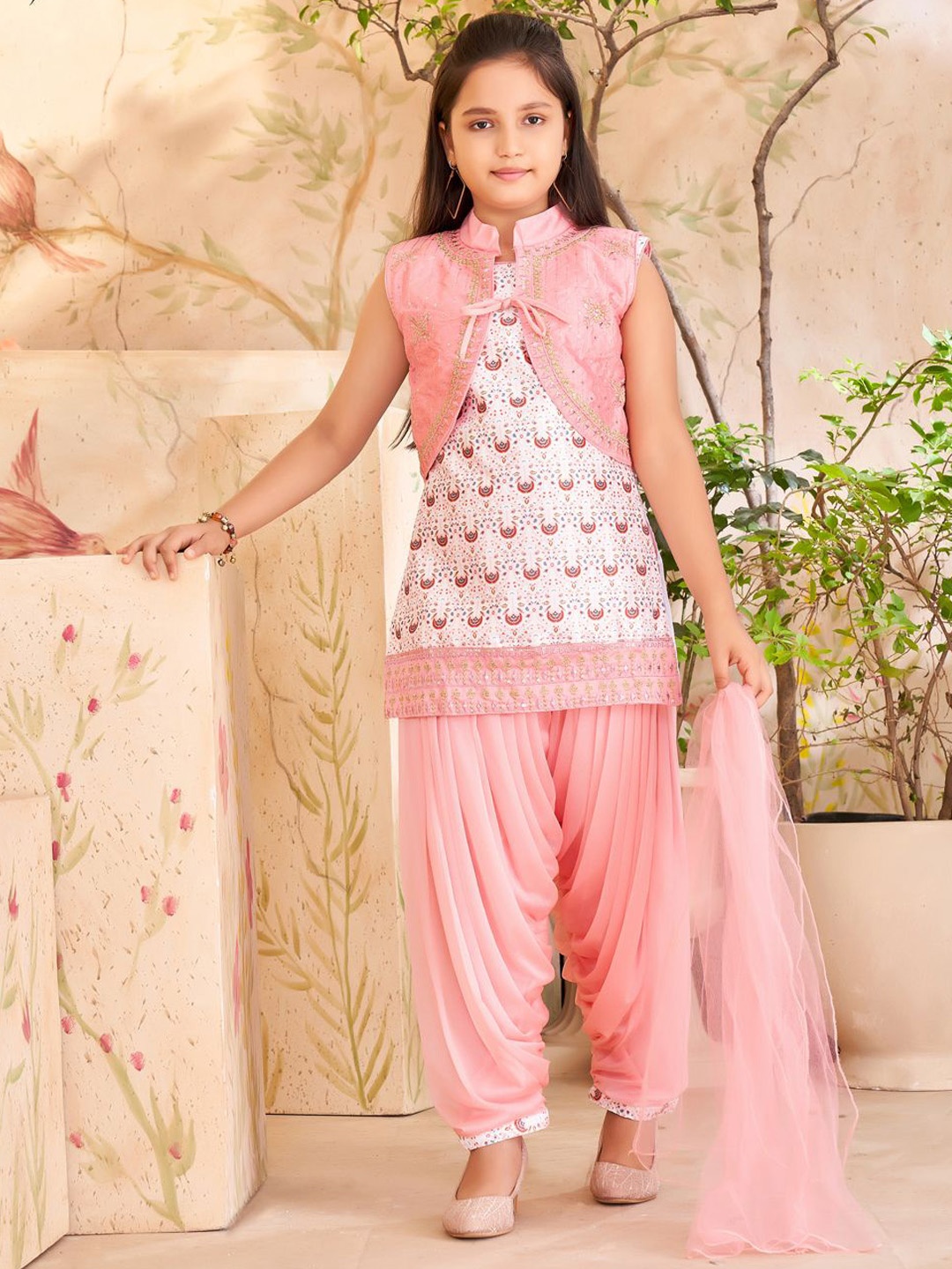 

Sangria Girls Embroidered Kurti Jacket & Patiala With Dupatta, Peach