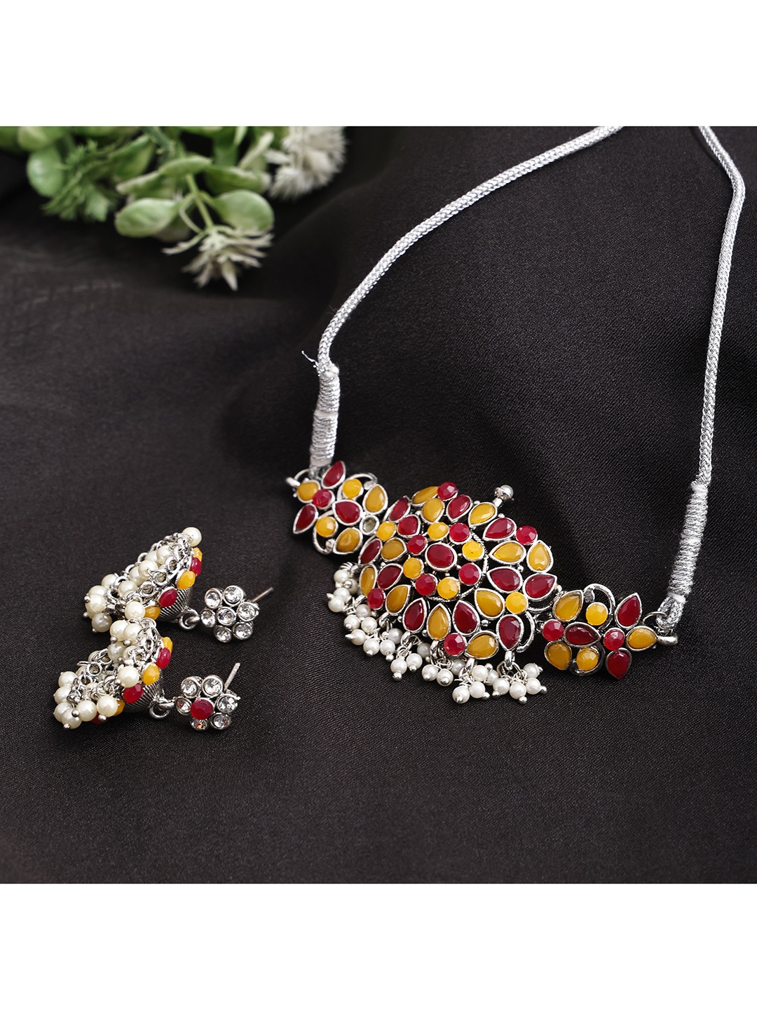 

SUNHARI Stone-Studded & Beaded Jewellery Set, Silver
