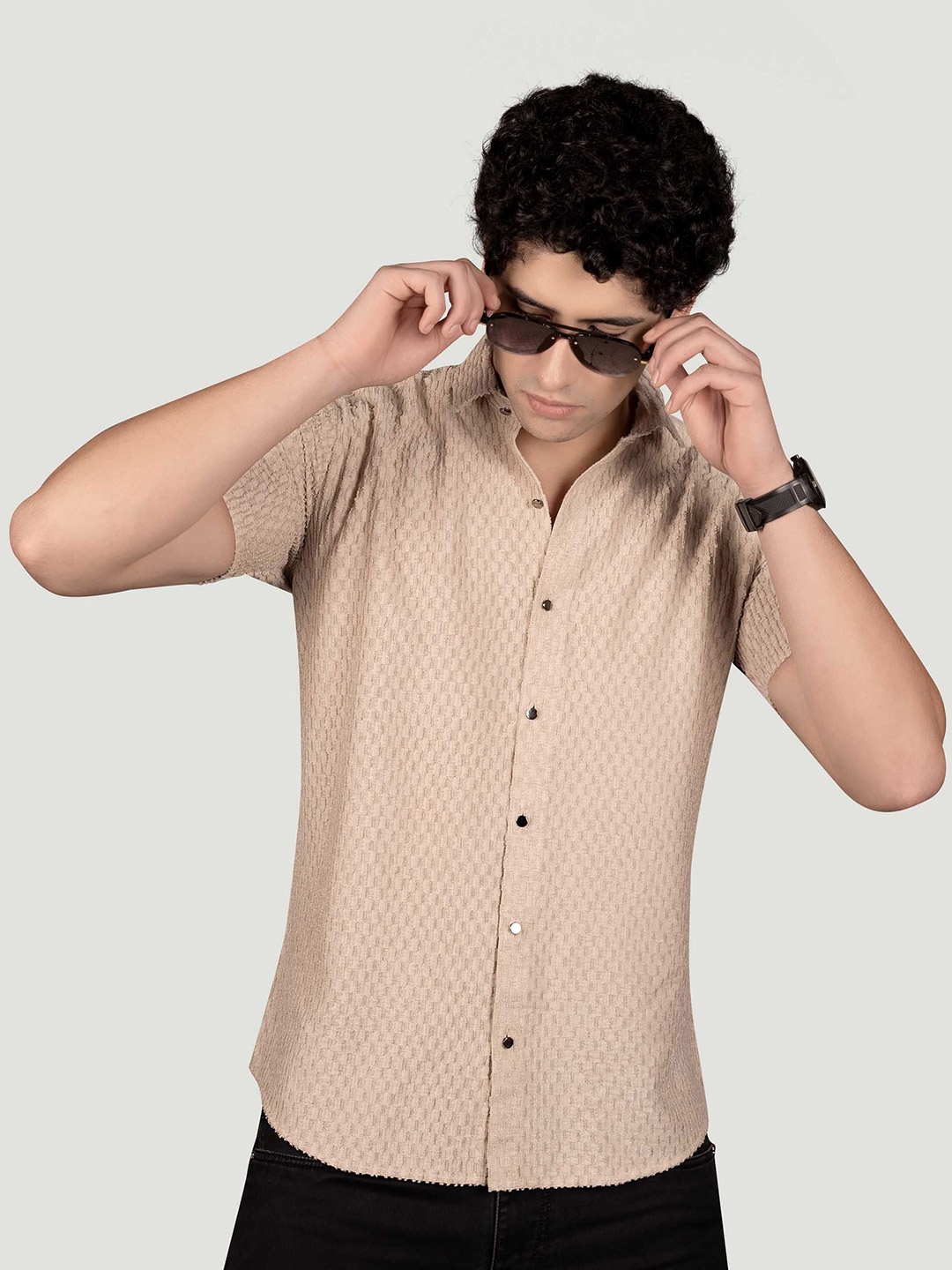 

ALMATY Men Comfort Spread Collar Textured Elastane Casual Shirt, Beige