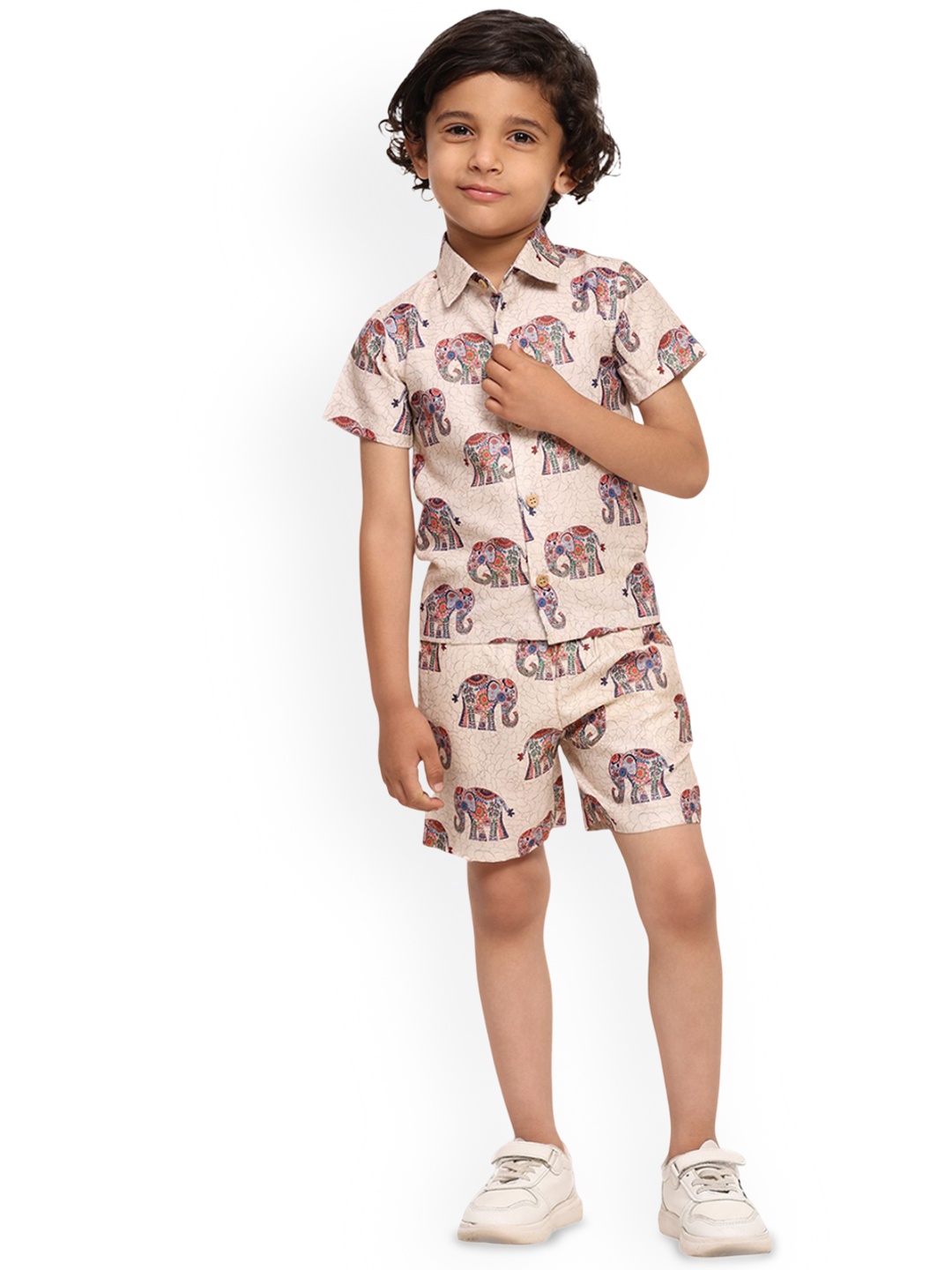 

Funny Bones Clothings Boys Printed Short Sleeves Linen Shirt With Shorts, Beige