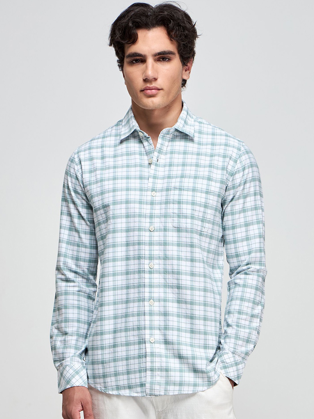 

Red Flame Men Spread Collar Tartan Checked Cotton Casual Shirt, Green