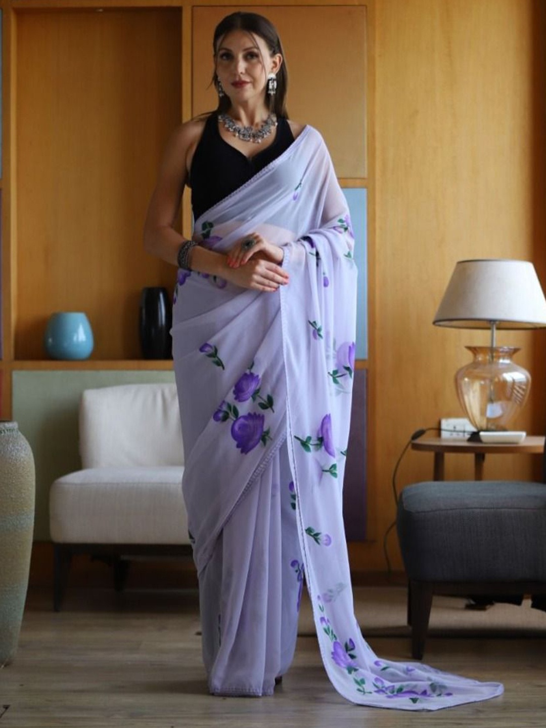 

Anouk Floral Pure Georgette Saree, Purple
