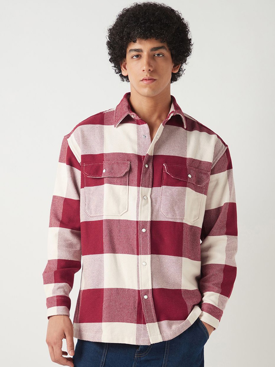 

Bewakoof Men Standard Spread Collar Buffalo Checked Cotton Oversized Casual Shirt, Mauve