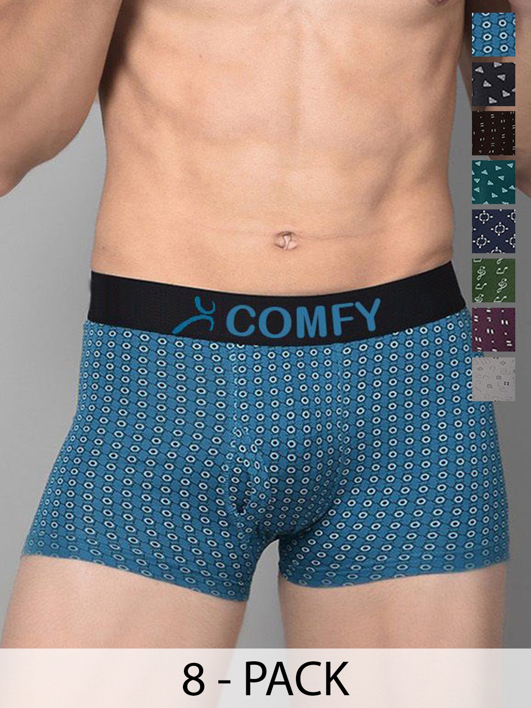 

AMUL COMFY Men Pack Of 8 Printed Assorted Trunks Comfy-Printed-Trunk-OE-8-105