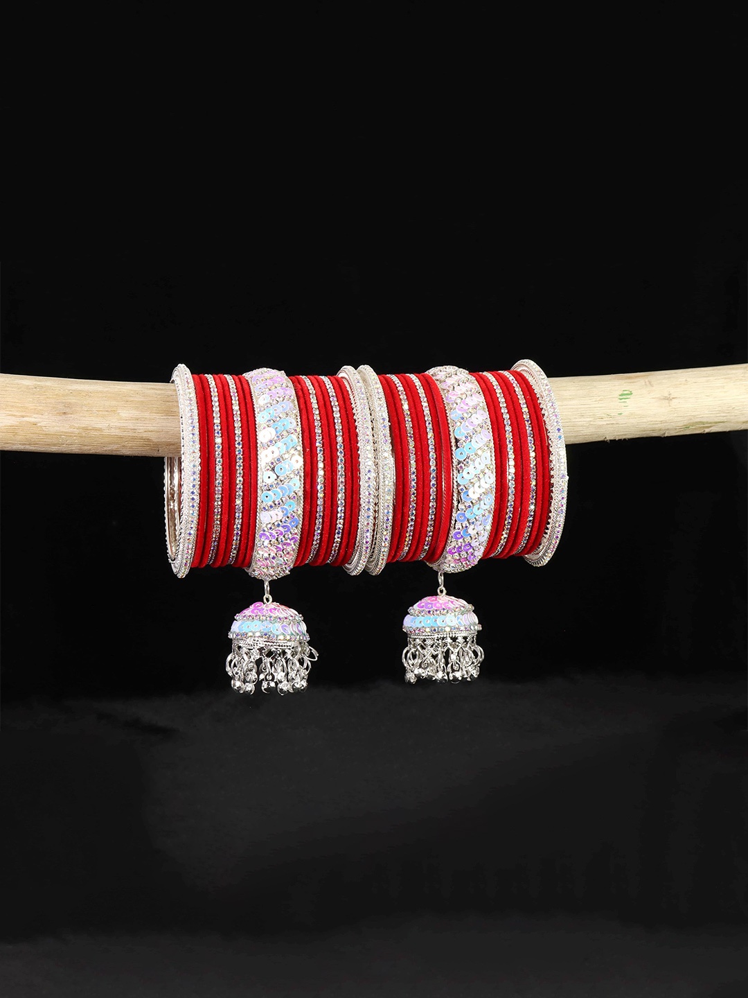 

ZULKA Set of 32 Glass with Velvet & Golden Zircon Diamond Stone Bangles, Magenta