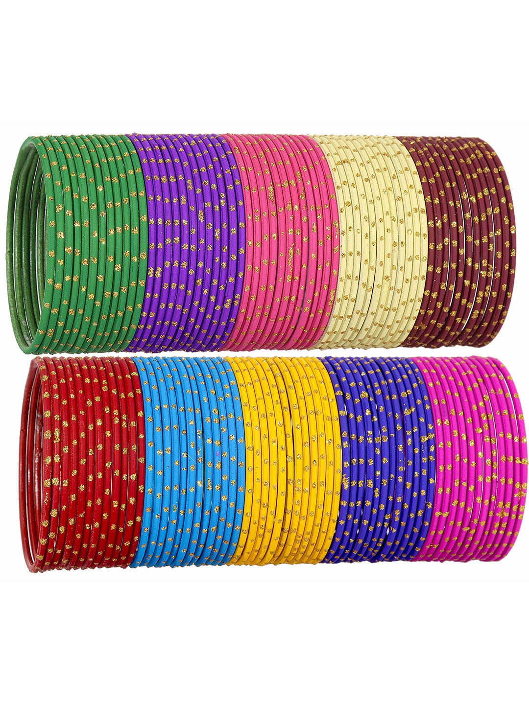 

ZULKA Set of 106 Alloy Base Colourful Glass Bangles with Velvet & Golden Polka Dots, Multi