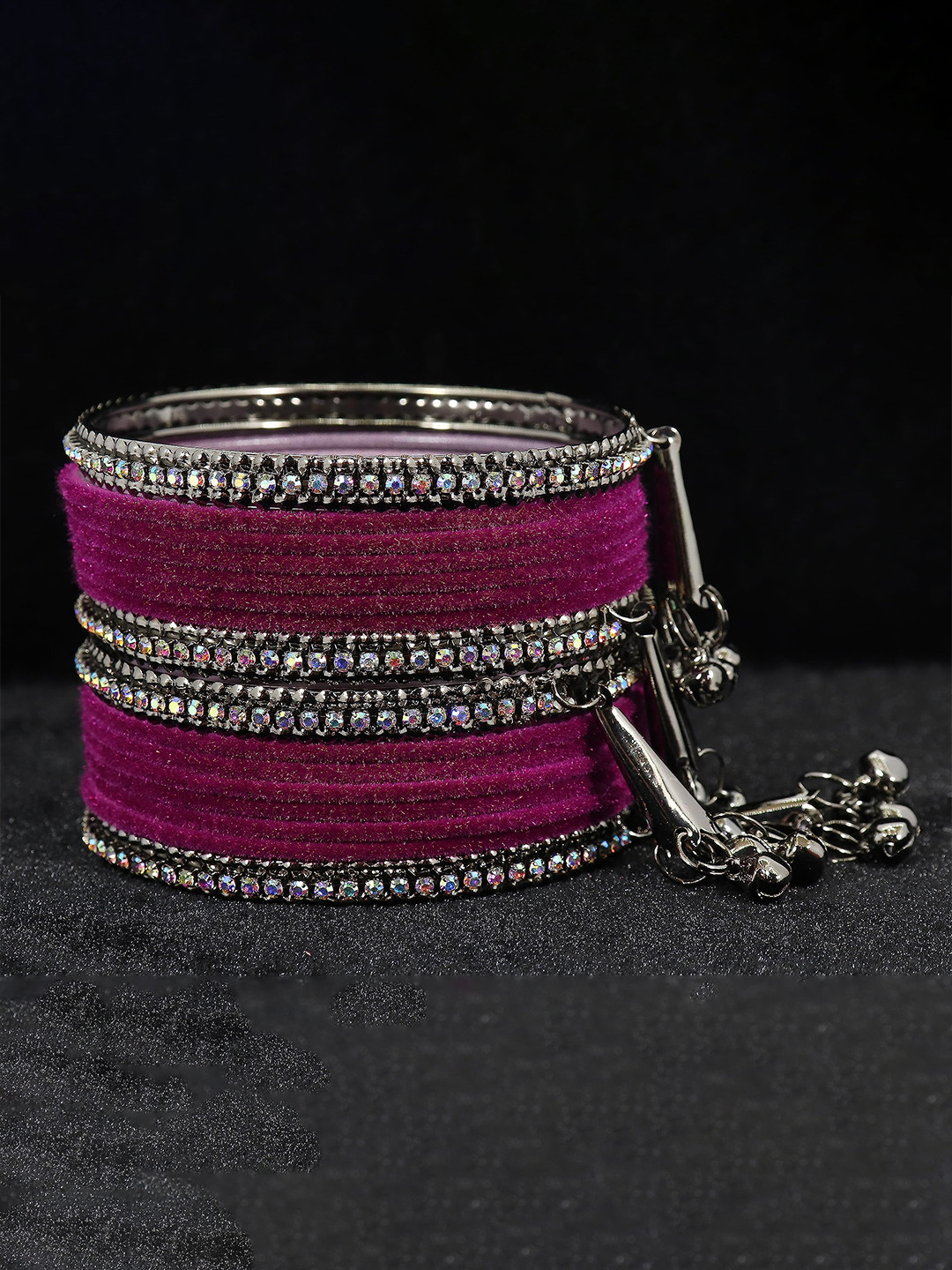 

ZULKA Set of 16 Metal with Zircon stone and Velvet Latkan Bangles, Green