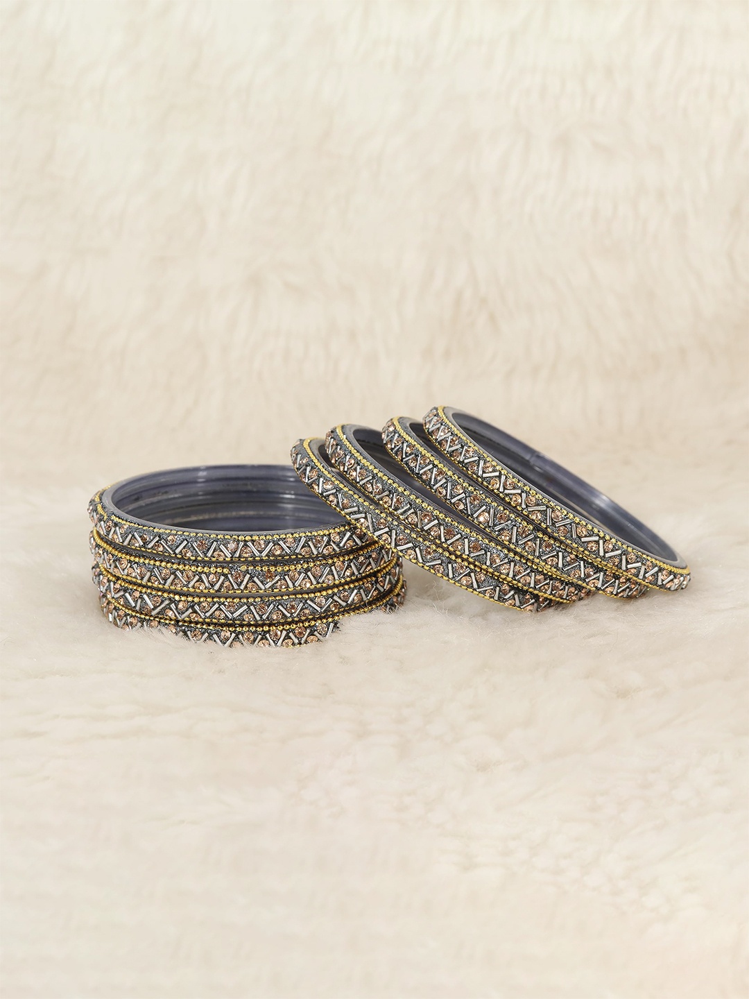 

ZULKA Set of 8 Glass Studded Zircon Gemstone and Beads Bangles, Grey