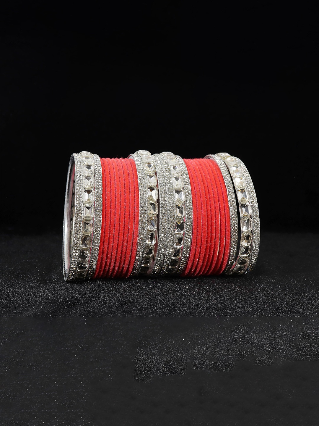

ZULKA Set Of 28 Zircon Gemstone Studded Velvet Bangles, Orange