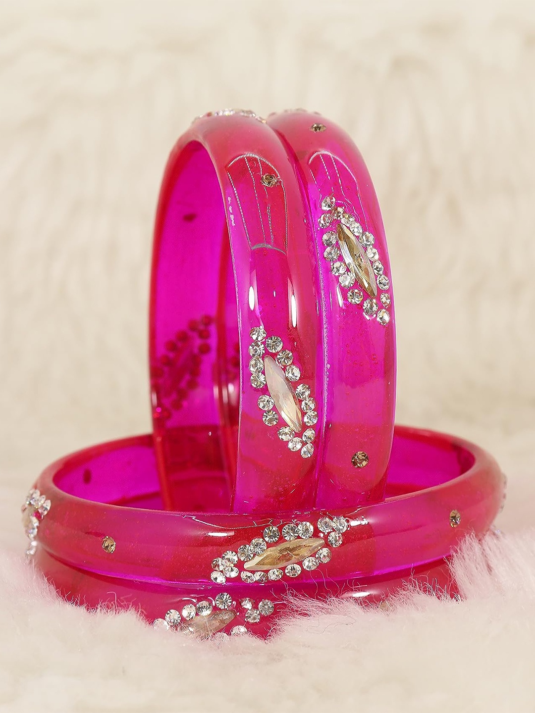 

ZULKA Set of 4 Zircon Gemstone Studded Glass Bangles, Magenta