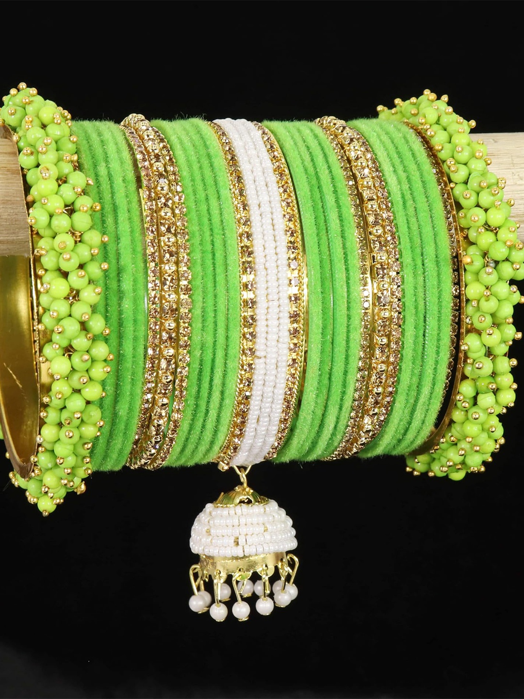 

ZULKA Set of 30 Gold Plated Zircon Stone & Beads Metal Chuda Bangles, Blue