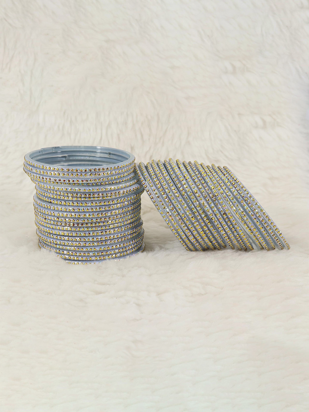 

ZULKA Set Of 36 Polka Dots & Glitter Glass Bangles, Silver