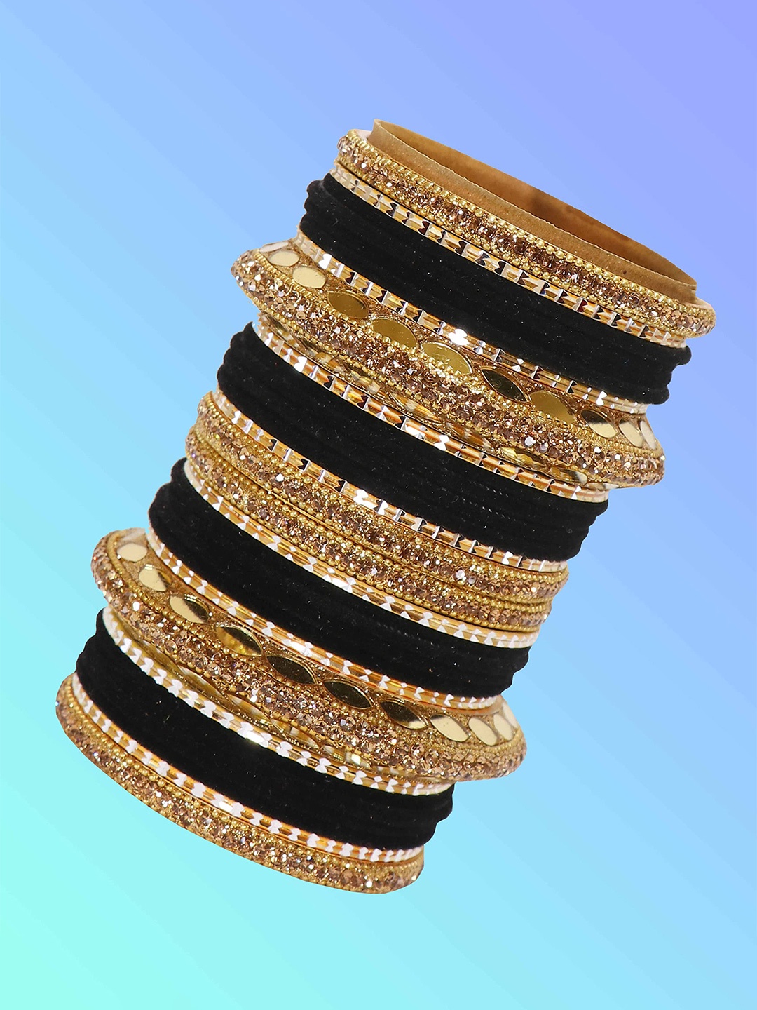 

ZULKA Set of 60 Gold Plated Metal Velvet Bangles Chuda with Zircon Stone & Beads