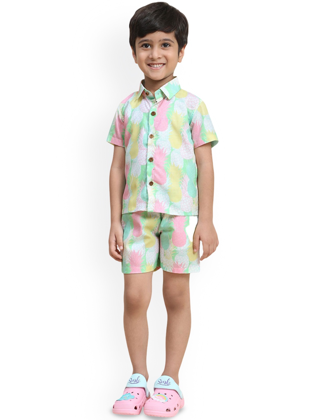 

Funny Bones Clothings Boys Pineapple Printed Shirt With Shorts, White