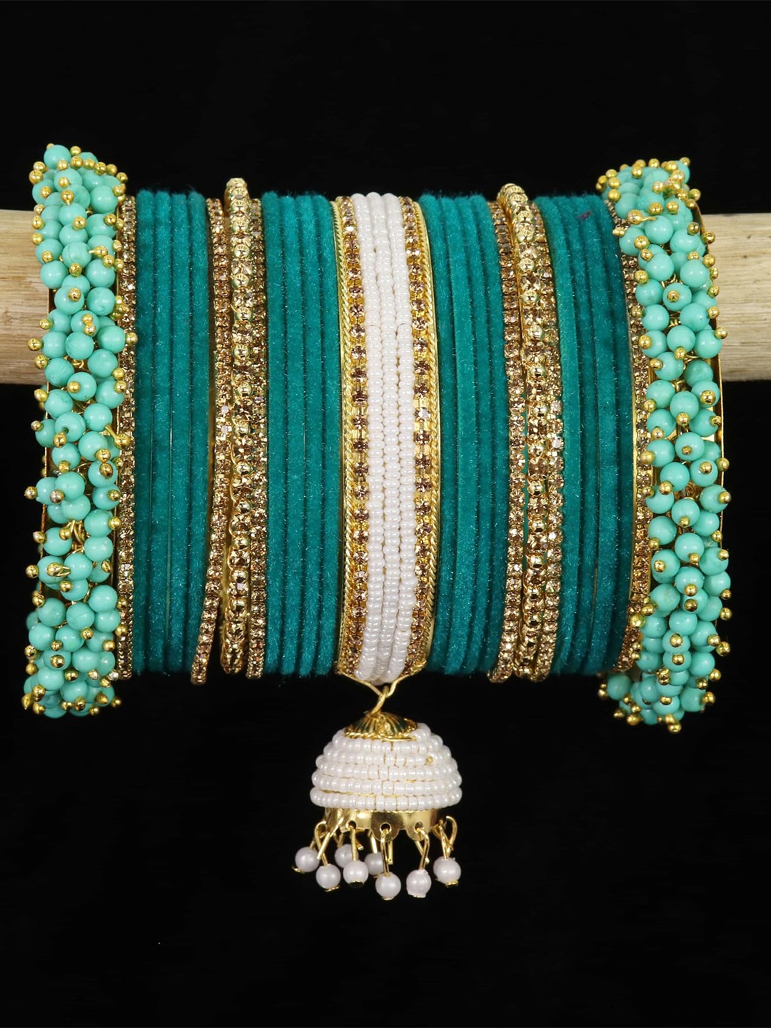 

ZULKASet of 54 Latest Metal with Pearls Zircon & Velvet Bangles Bridal Chuda with Latkan, Teal