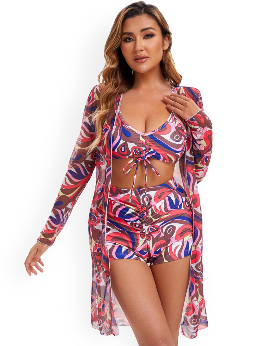 

Krelin Printed Ruched Bikini And Top With Shorts Swimwear Cover Up Set, Pink