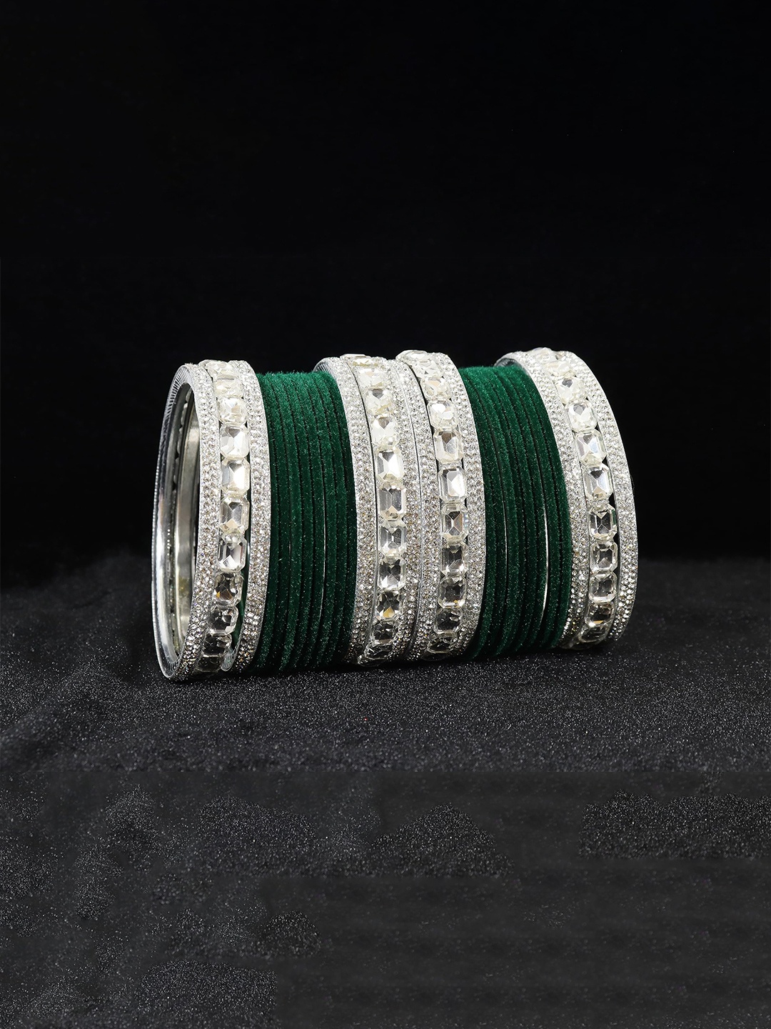 

ZULKA Set Of 28 Metal with Zircon Gemstone Studded Velvet Bangles, Green