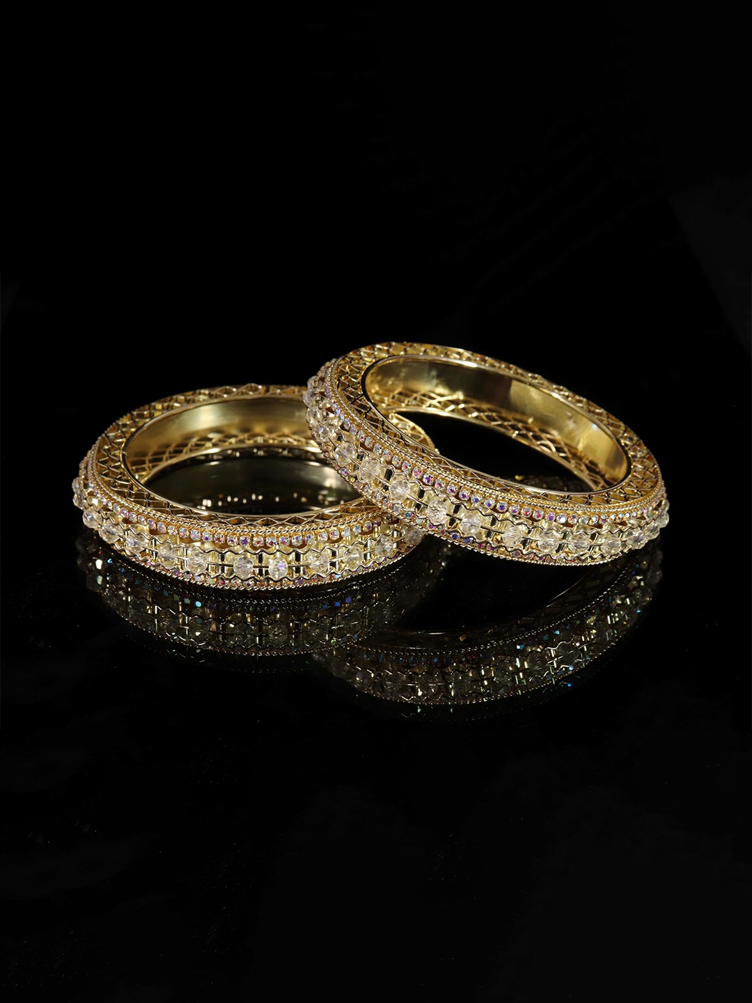 

ZULKA Set OF 2 Premium Metal Zircon Gemstone & Pearls Moti Beads Kada, Gold