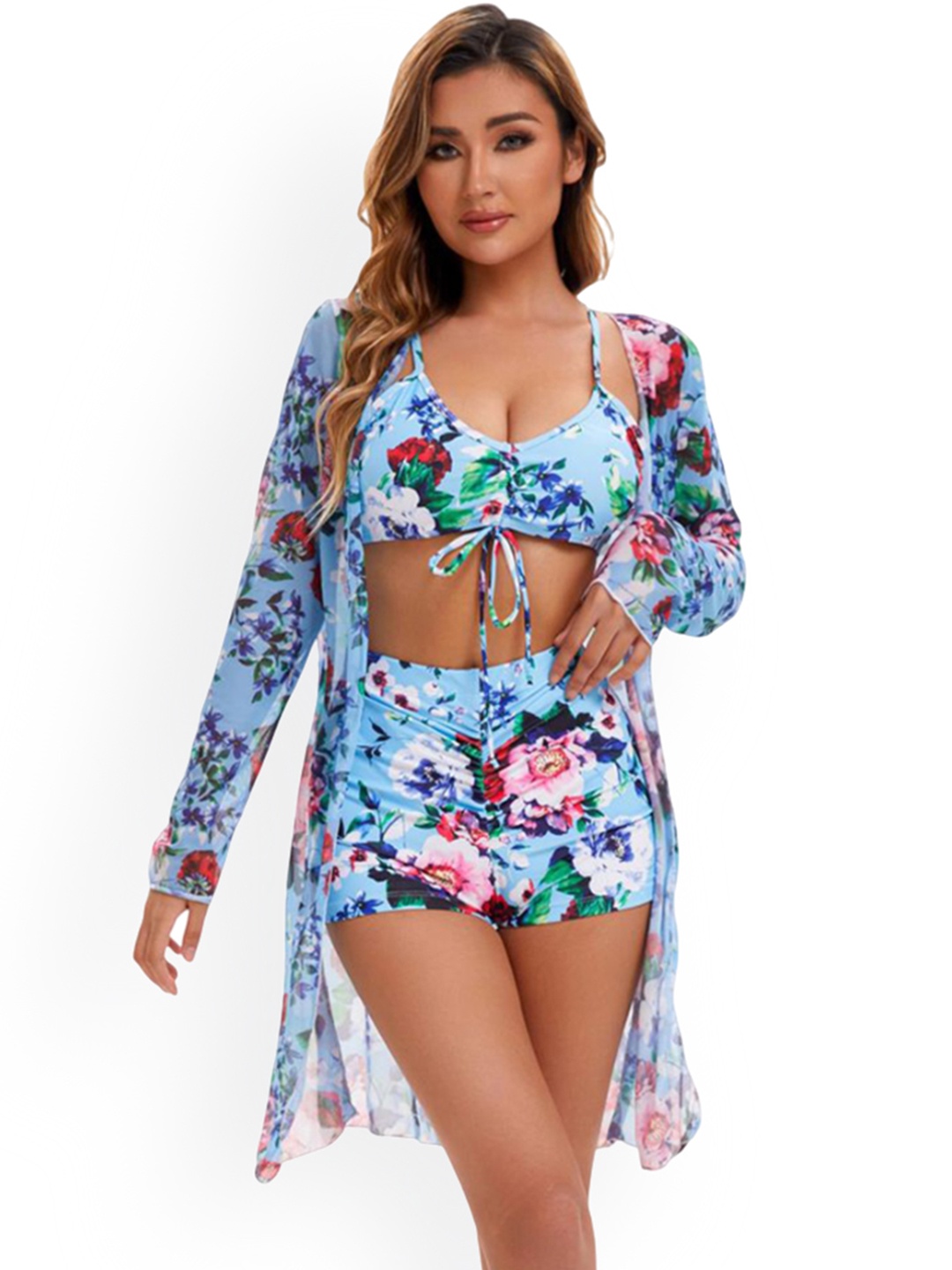 

FIMBUL Women Floral Printed Swimwear Coverup Set, Blue