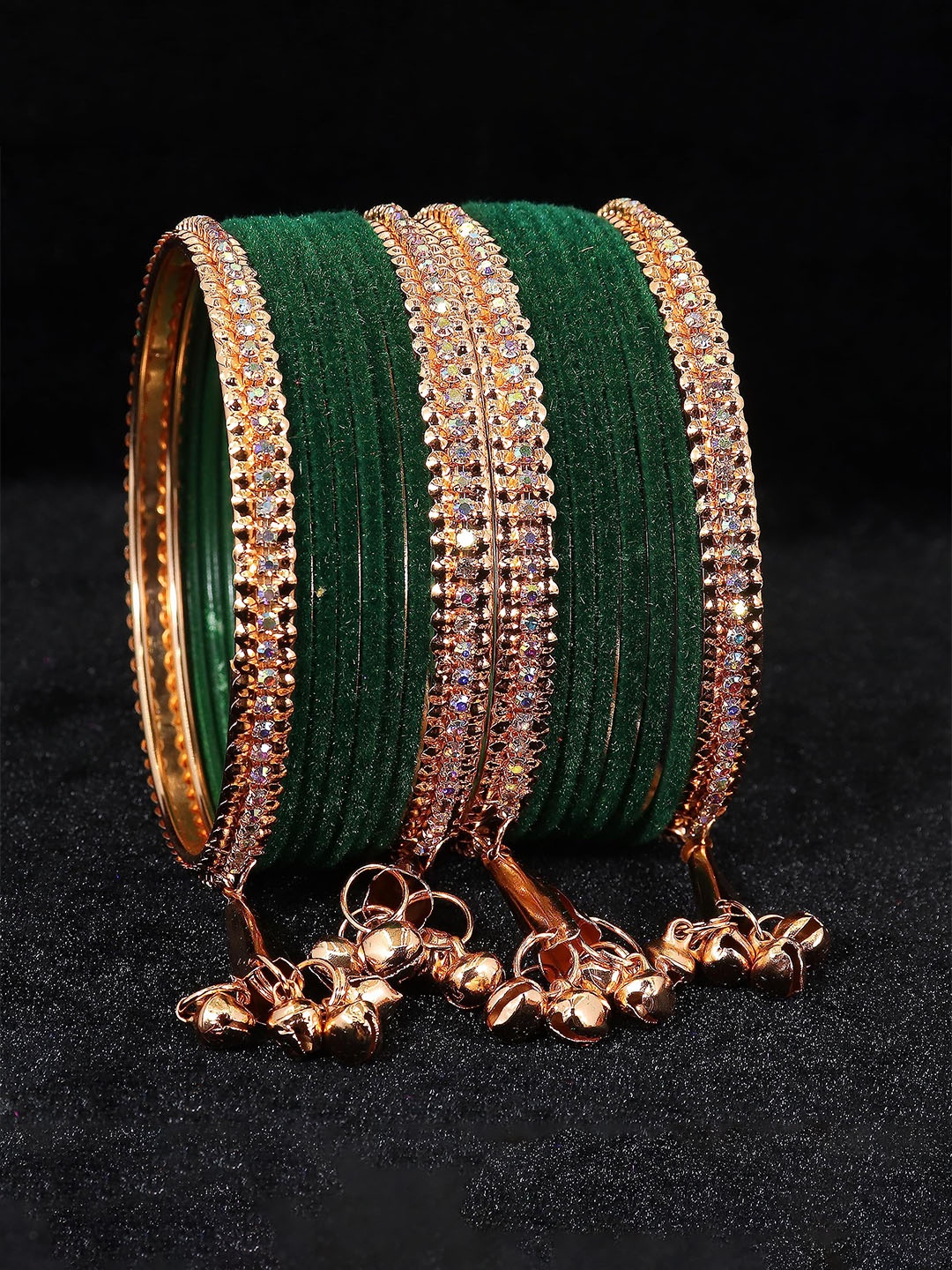 

ZULKA Set of 16 Metal with Zircon Gemstone and Velvet Studded Latkan Bangles, Purple
