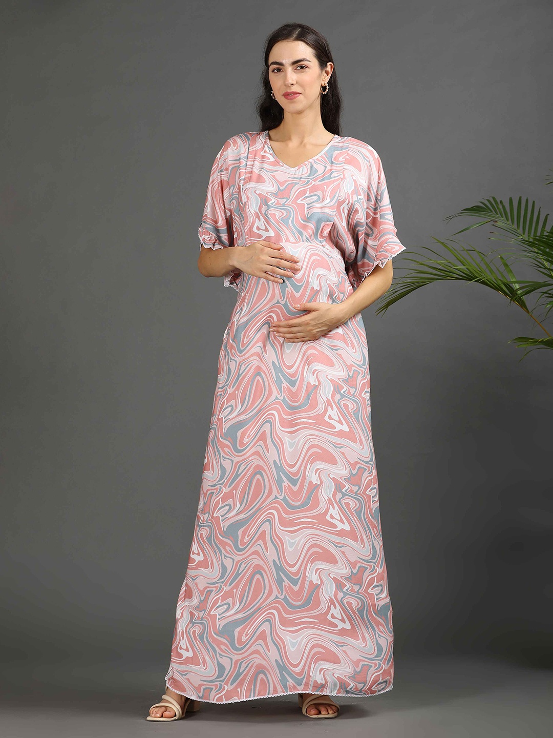 

GOLDSTROMS Women Printed Maternity Long Ethnic Dress, Pink