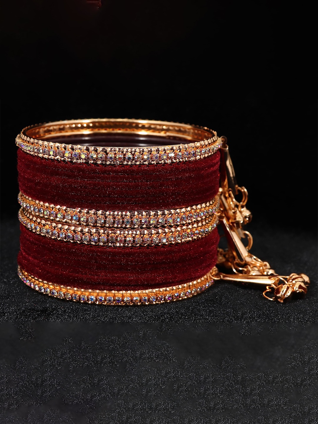 

ZULKA Set of 16 Metal with Zircon Gemstone and Velvet Studded Latkan Bangles, Blue