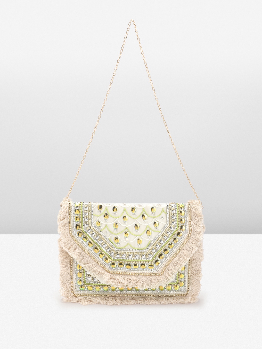 

Sangria Embellished Pure Jute Foldover Clutch, Cream