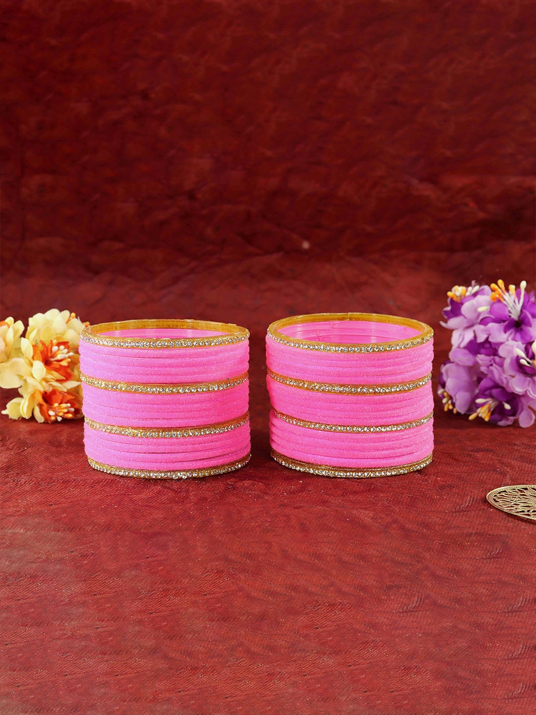 

ZULKA Set of 32 Zircon Diamond Stone Glass Velvet Bangles, Pink