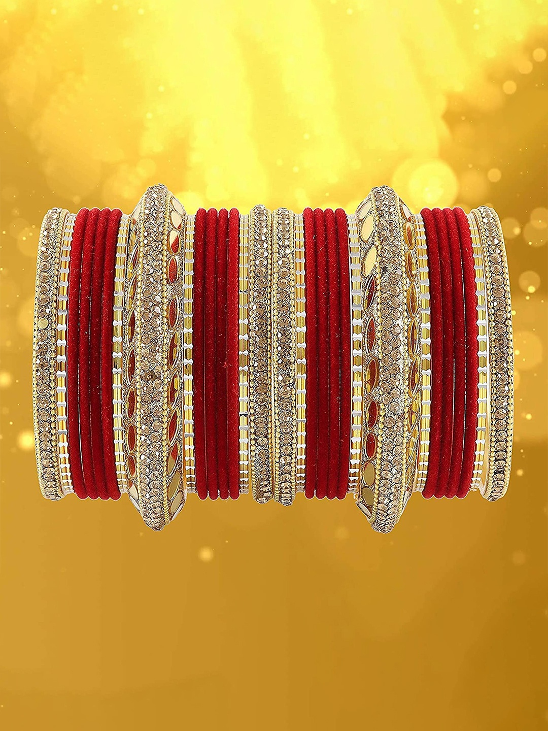 

ZULKA Set of 60 Gold Plated Metal Bangles Chuda with Zircon Stone & Beads, Blue