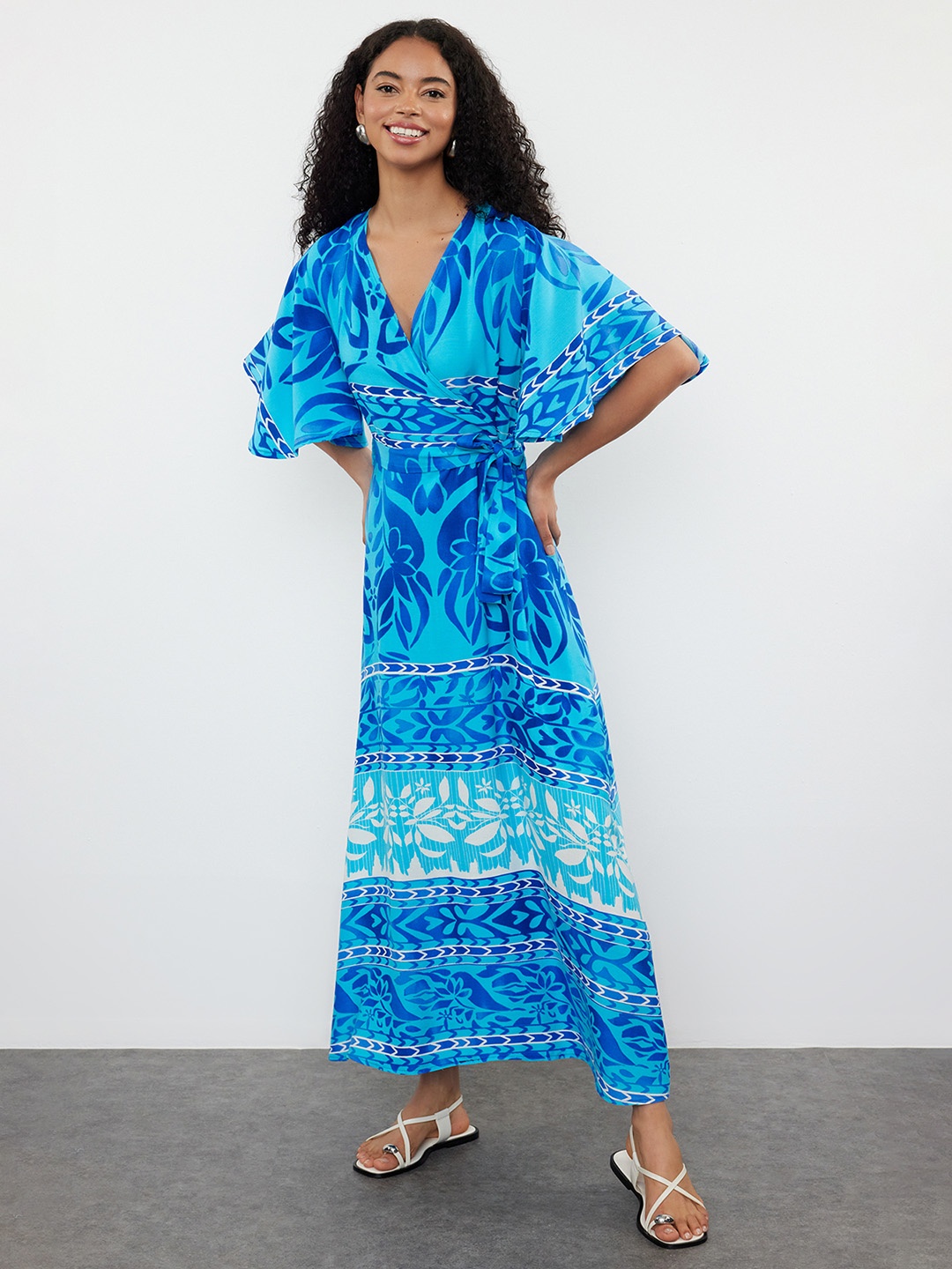 

Trendyol Printed Flared Sleeve Maxi Dress, Blue