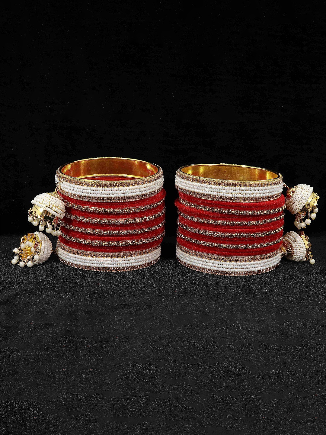 

ZULKA Set of 16 Metal Zircon Gemstone & Velvet Latkan Bangles, Magenta