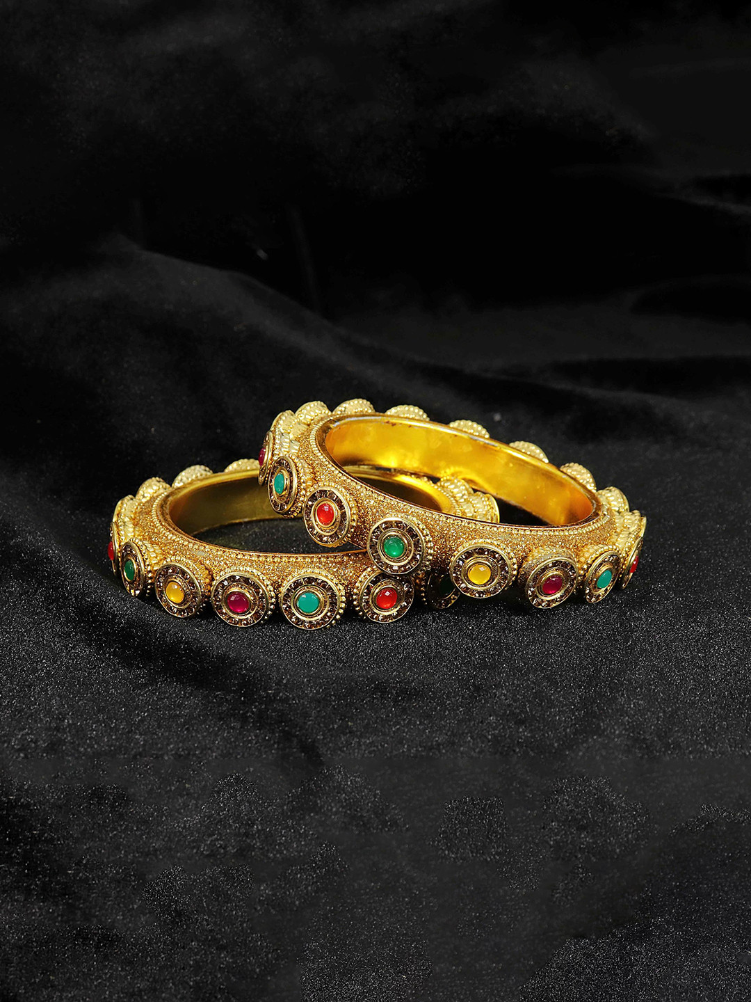 

ZULKA Set Of 2 Gold-Plated Zircon Stones & Beads Rajwadi Kada Bangles