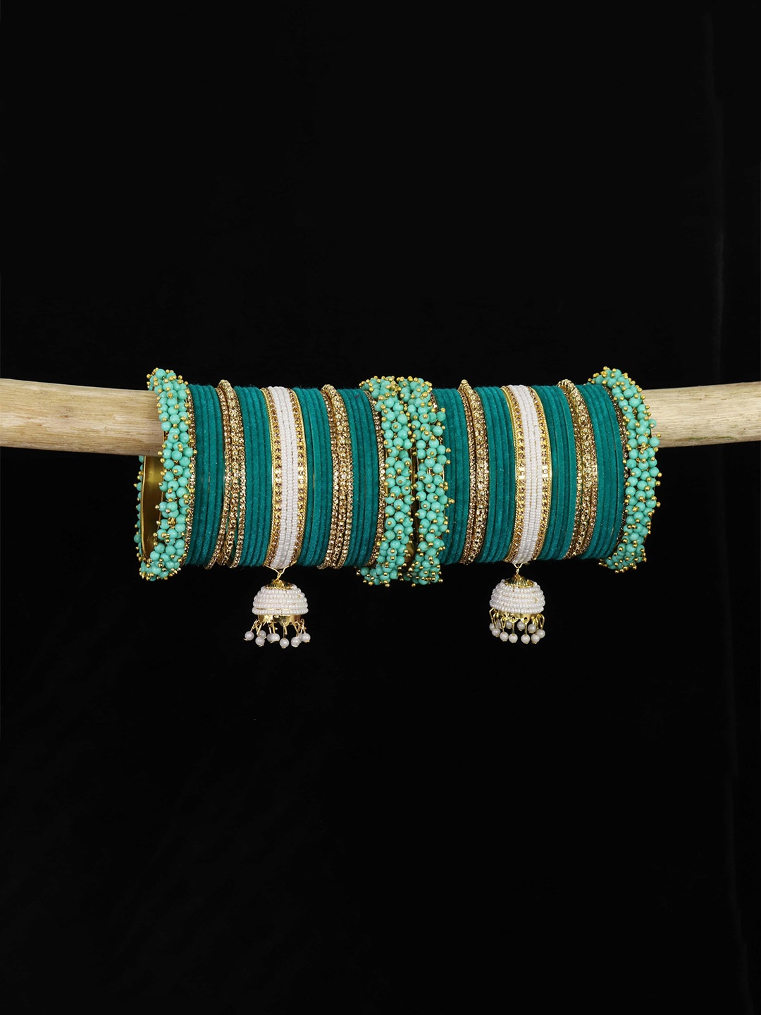 

ZULKASet of 54 Latest Metal with Pearls Zircon & Velvet Bangles Bridal Chuda with Latkan, Yellow