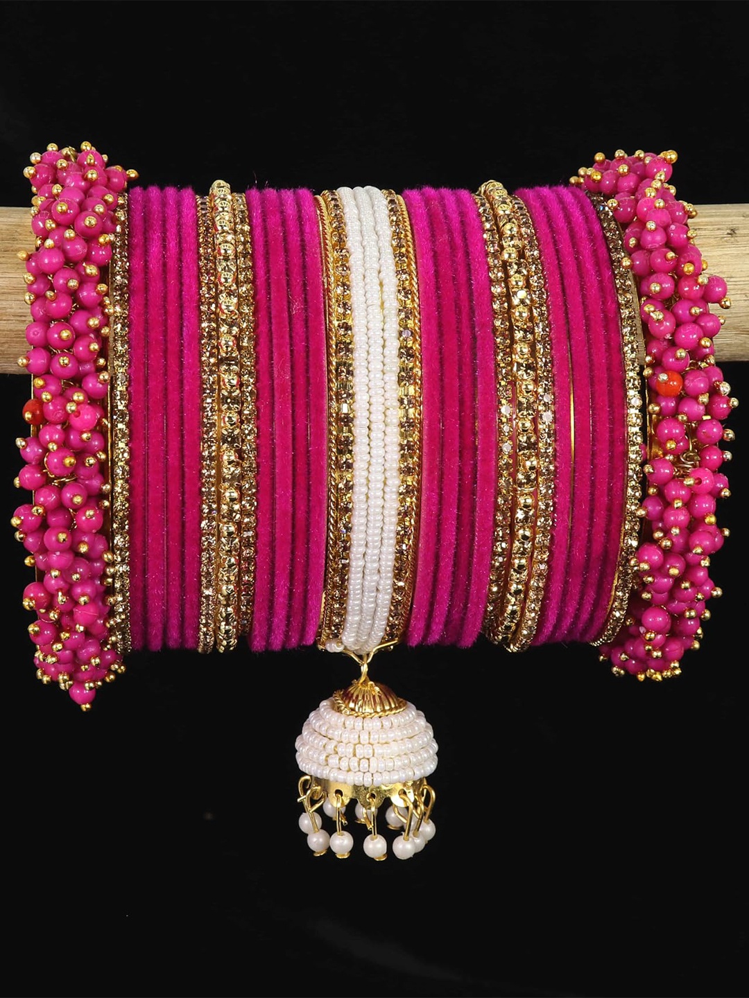 

ZULKASet of 54 Metal With Pearls Zircon Velvet Bridal Chuda With Latkan, Pink