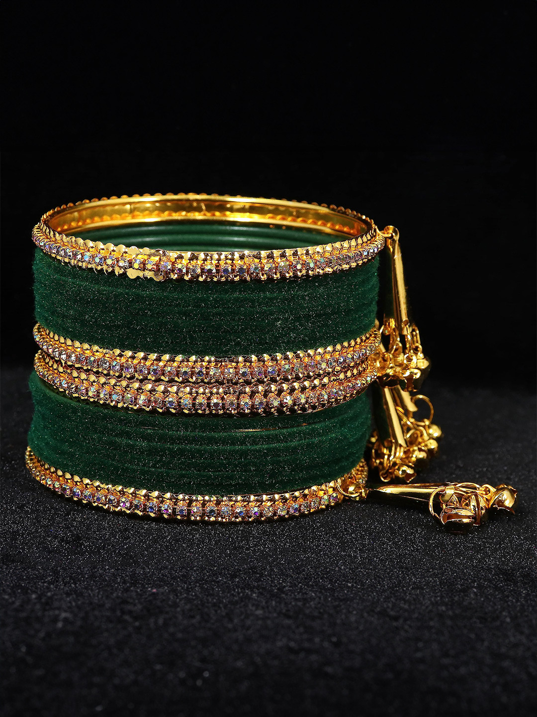 

ZULKA Set Of 16 Zircon Gemstone Studded Velvet Latkan Bangles, Green