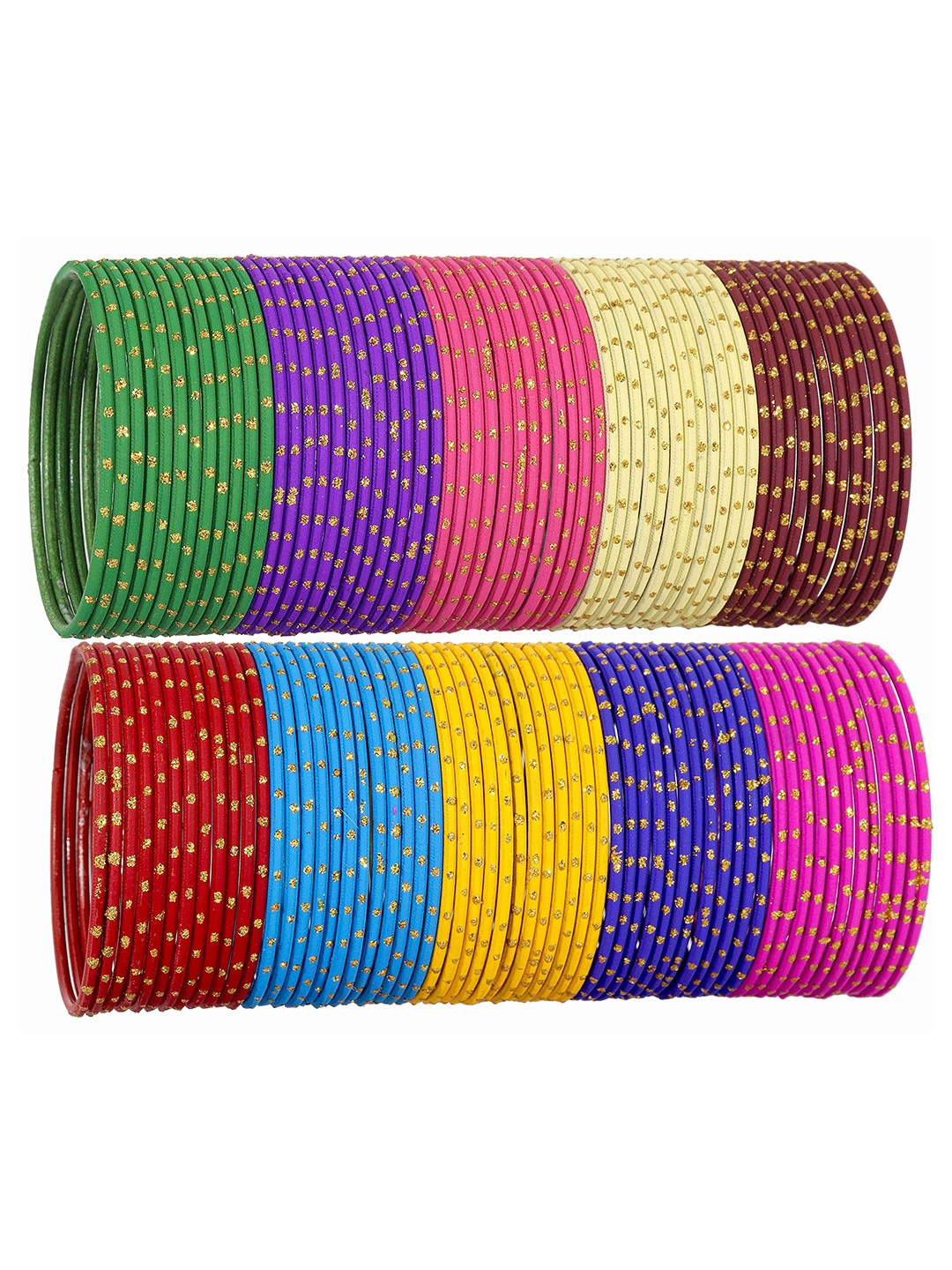 

ZULKA Set of 106 Velvet Golden Polka Dots Glass Bangles, Multi