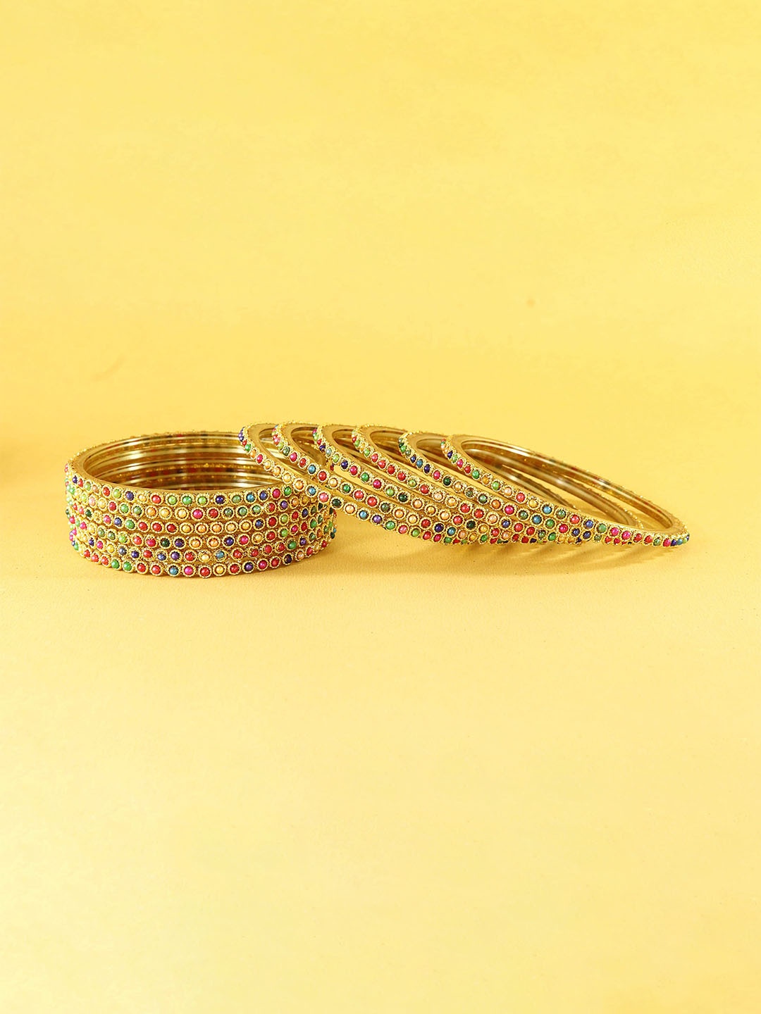 

ZULKA Set of 4 Women Beads Studded Glass Kada Bangles, Yellow