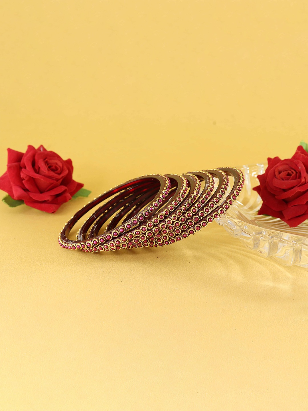 

ZULKA Set of 4 Glass with Zircon Gemstone and Beads Studded Glossy Finished Bangles, Magenta
