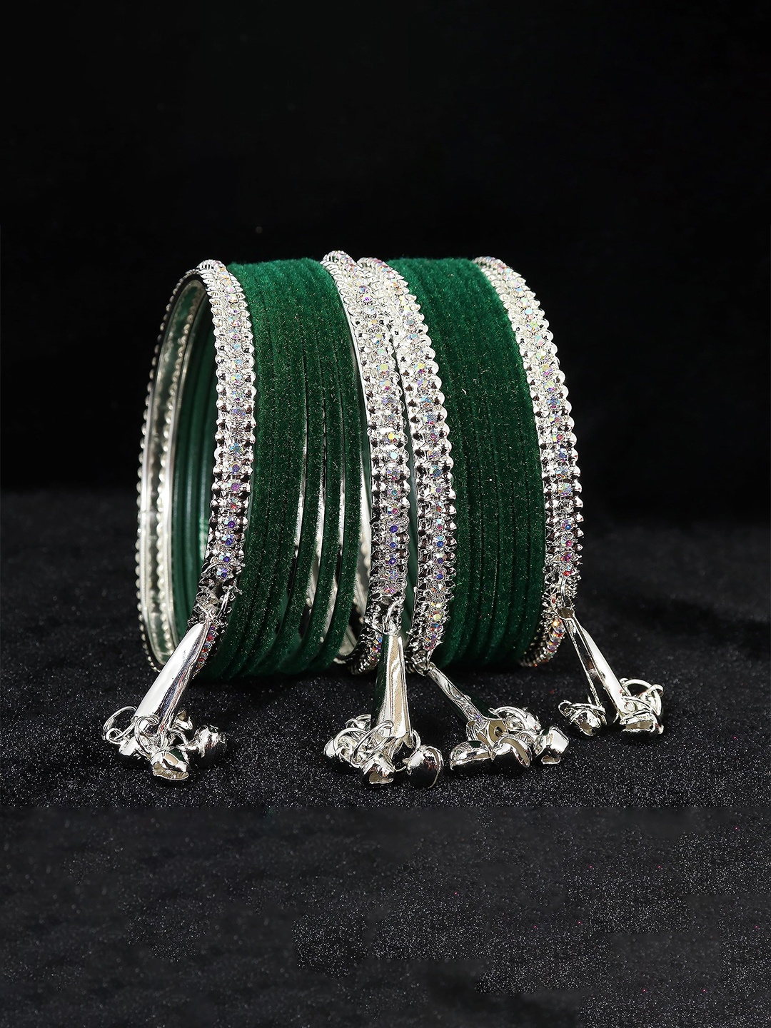 

ZULKA Set of 16 Metal with Zircon stone and Velvet Latkan Bangles, Red