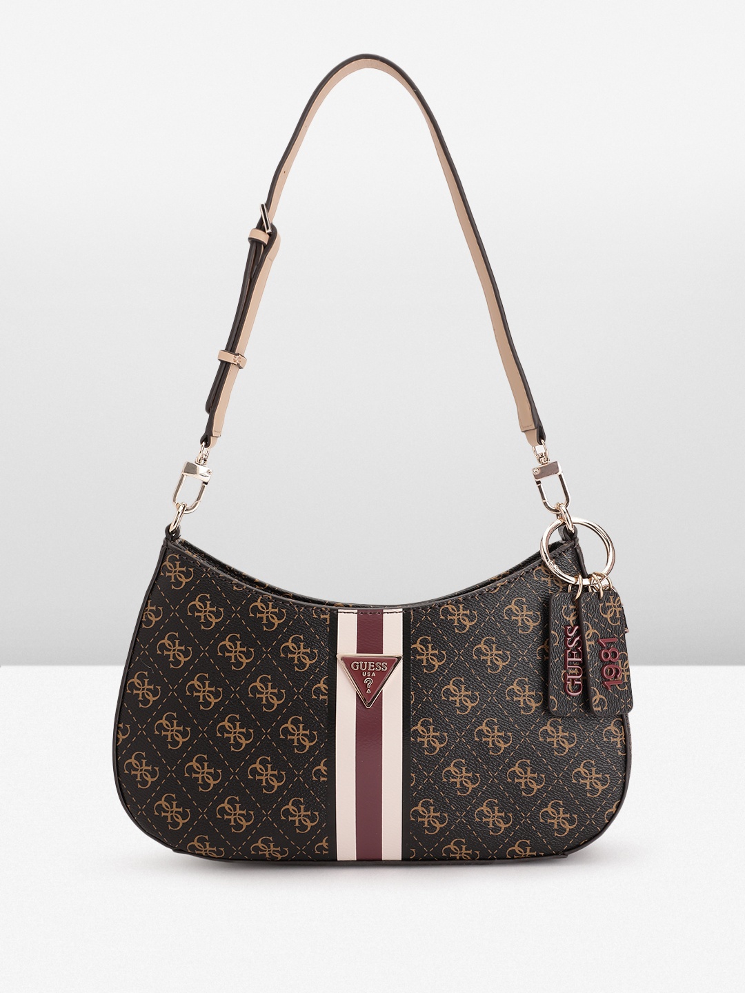 

GUESS Women Brand Logo Printed Structured Shoulder Bag, Brown