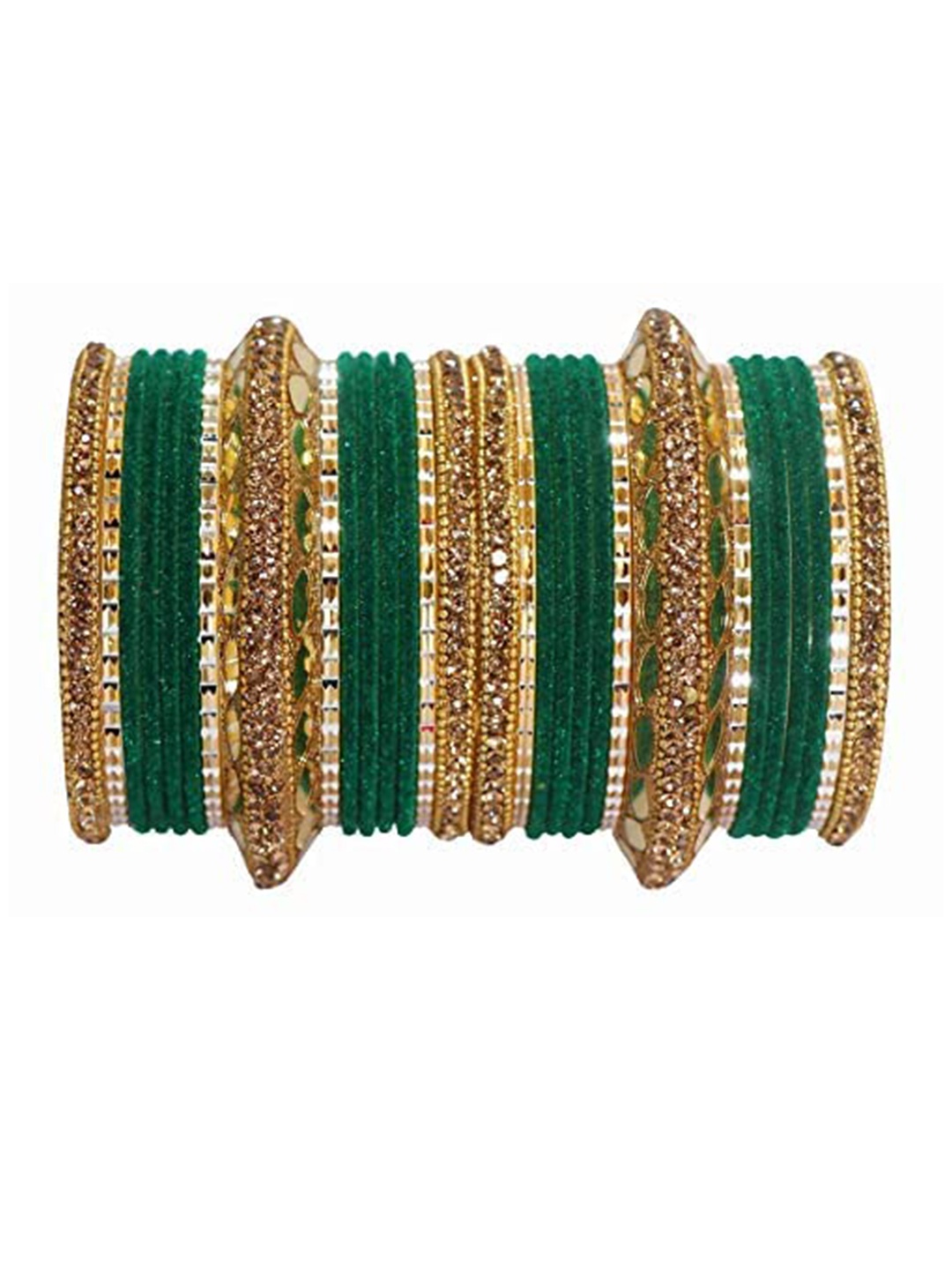 

ZULKA Set of 30 Gold Plated Metal with Zircon Stone & Beads Bangles, Green