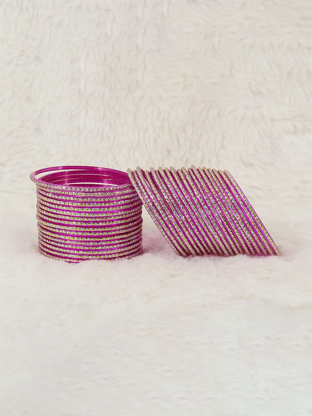 

ZULKA Set of 36 Glass Bangles with Golden Polka Dots & Glitter Fancy Bangles, Purple