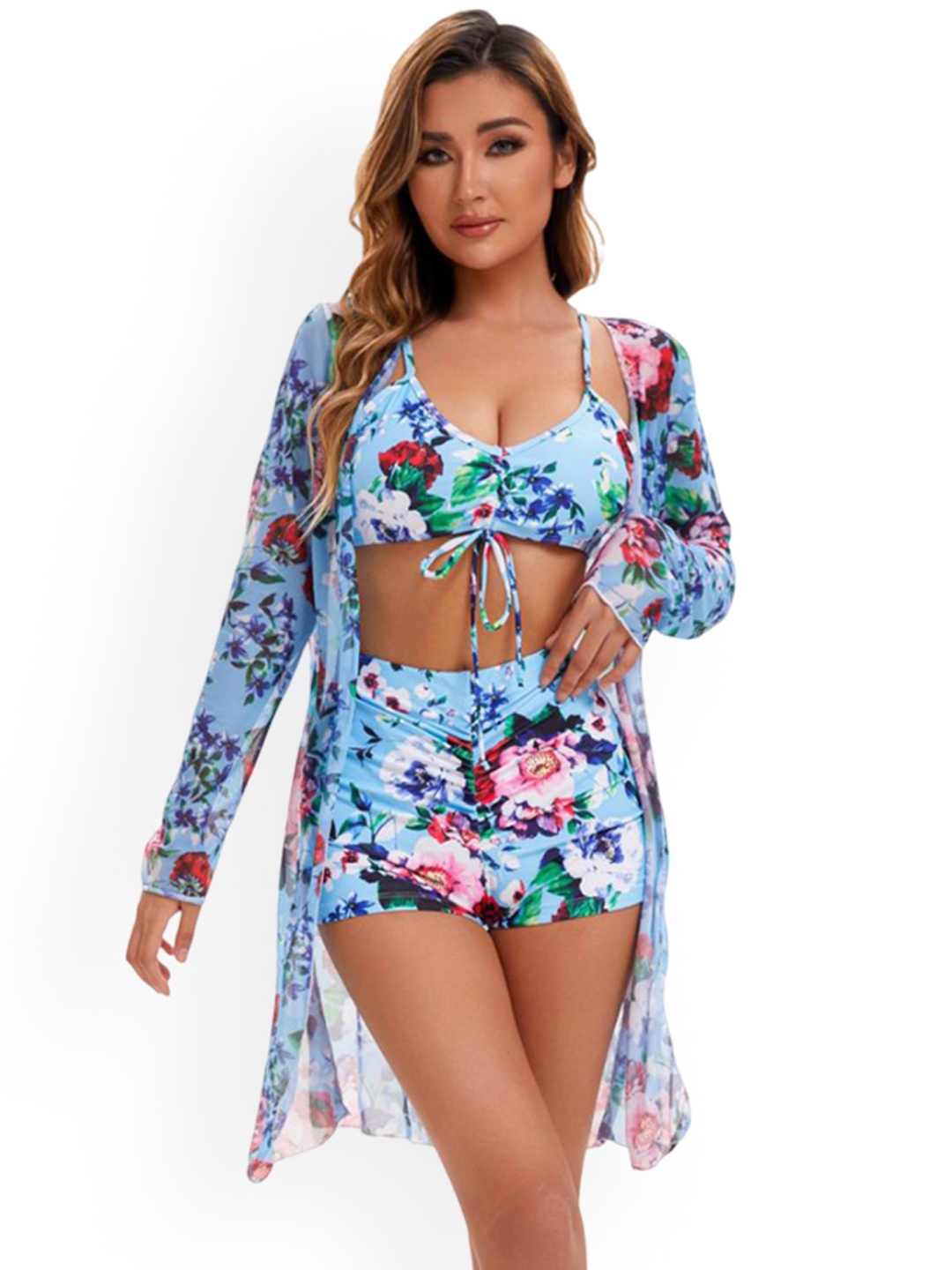 

VAGHBHATT Women Floral Printed Swimwear Coverup Set, Blue