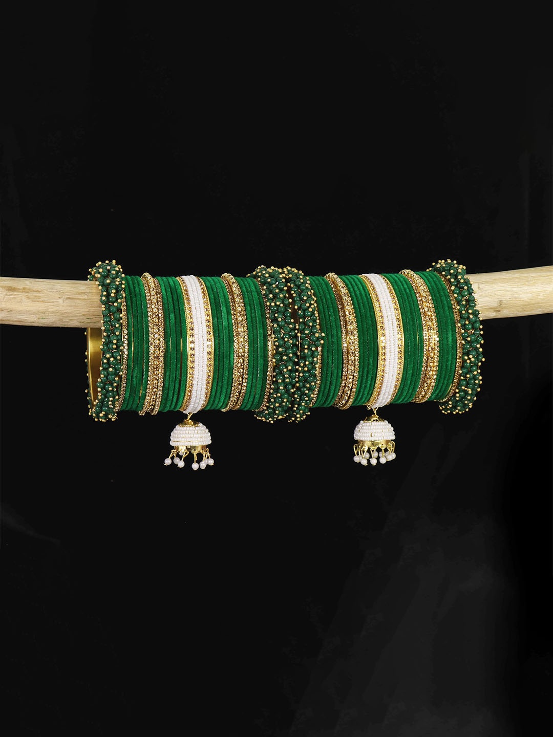 

ZULKA Set of 54 Metal with Pearls Zircon & Velvet Bangles, Green