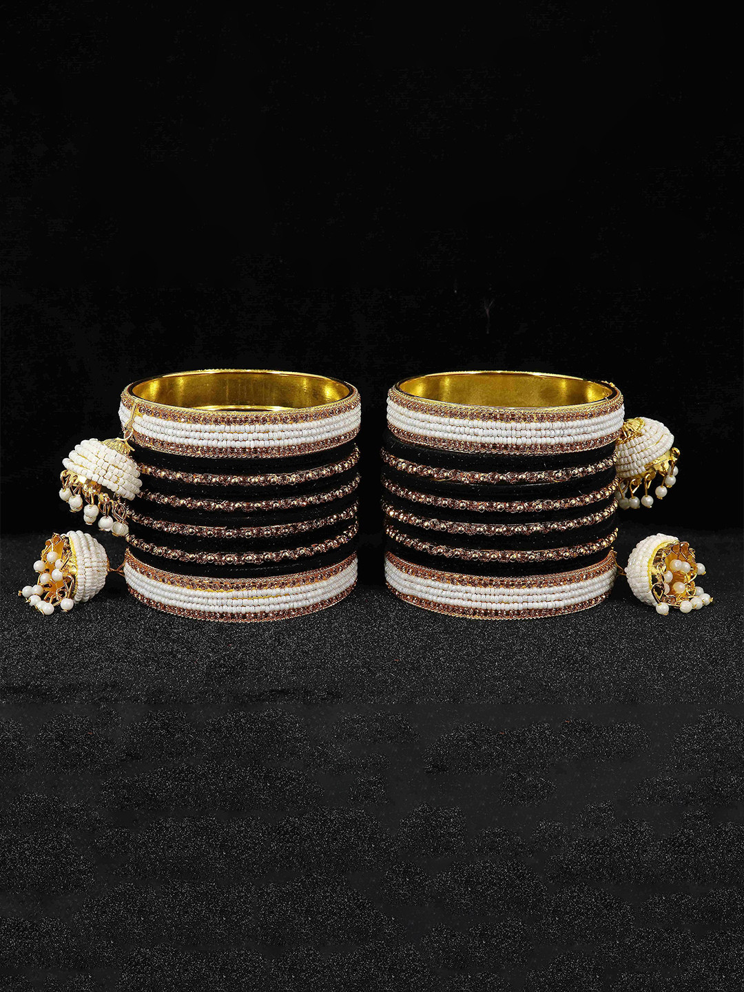 

ZULKA Set of 32 Artificial Stones and Beads Studded Latkan Bangles, Black