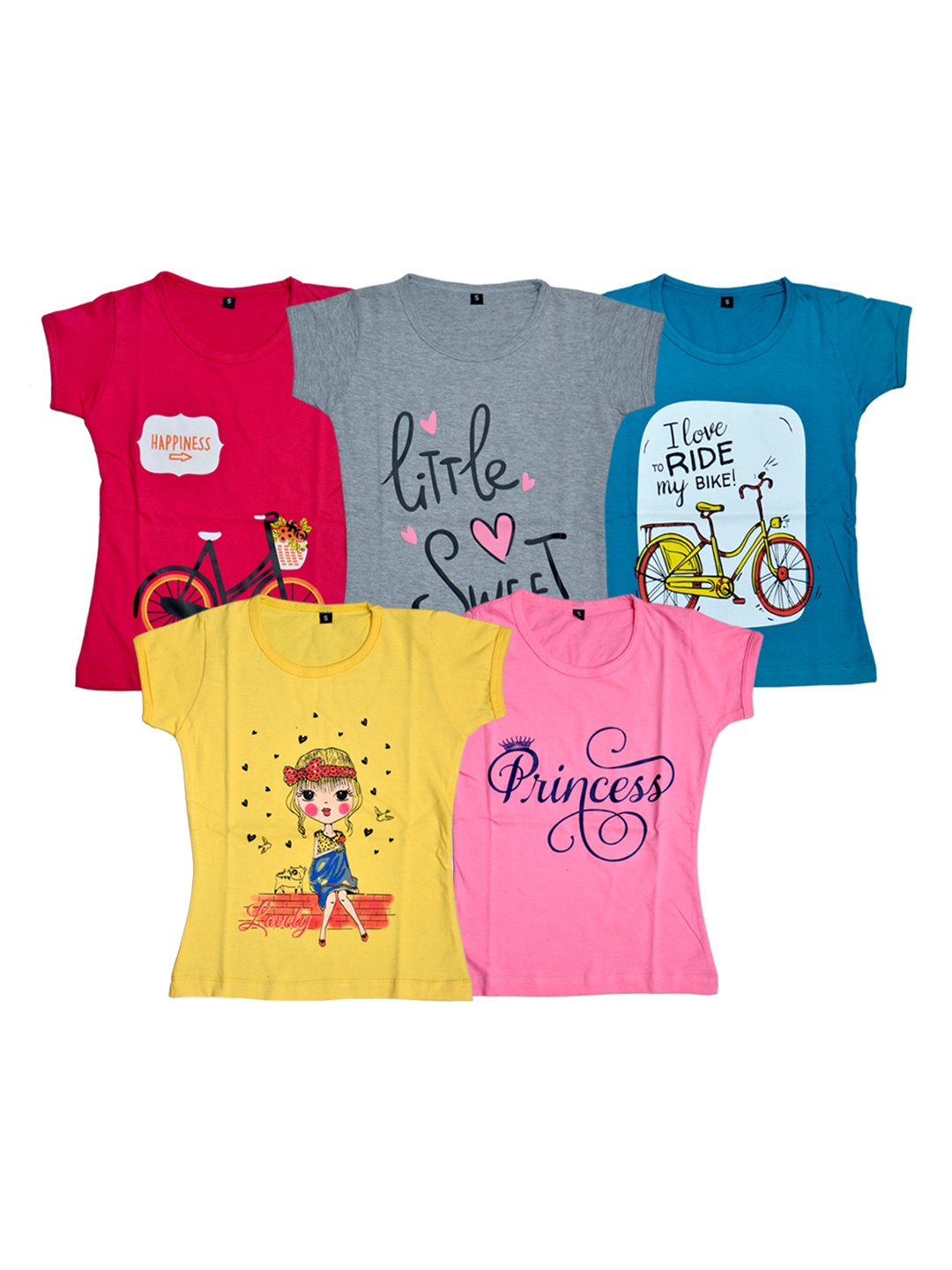 

FAZZA Girls Pack Of 5 Typography Printed Round Neck Cotton T-shirts, Fuchsia