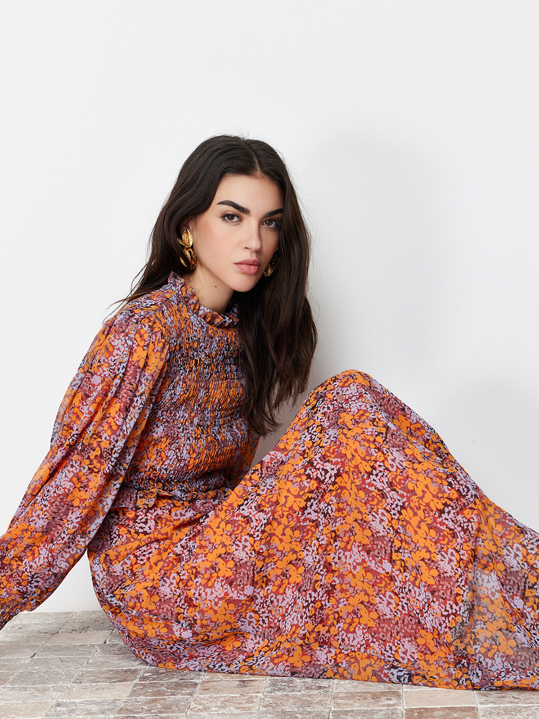 

Trendyol Floral Print Fit & Flare Smocked Maxi Dress, Orange