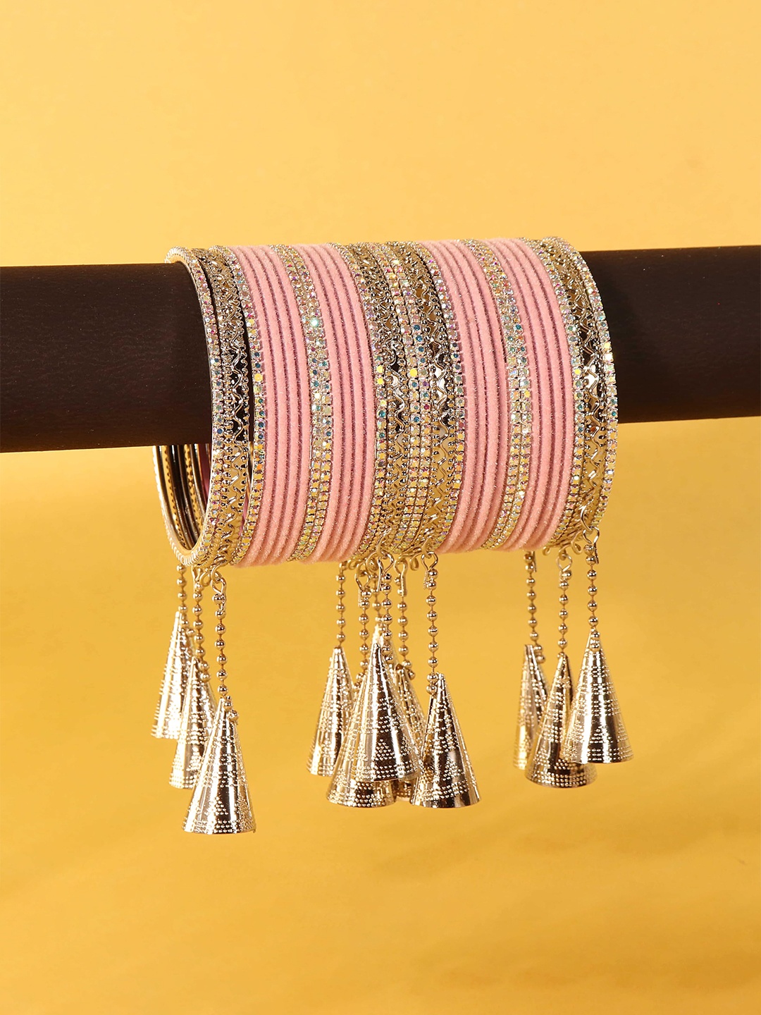 

ZULKA Set of 42 Stylish Silver Oxidised Metal Bangles with Diamond Bangles, Maroon