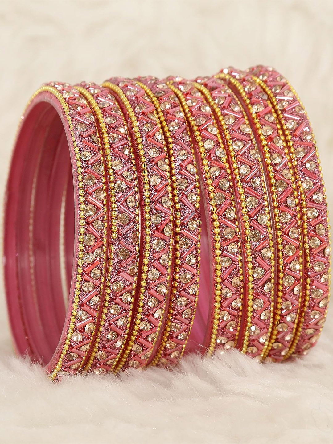 

ZULKA Set of 8 Zircon Gemstone and Beads Studded Glass Bangles, Gold
