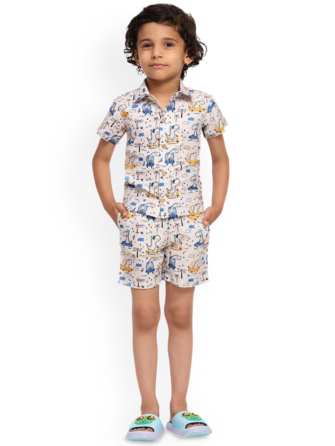 

Funny Bones Clothings Boys Dino Car Printed Shirt With Shorts, White